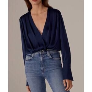 Favorite Daughter The Date Blouse Satin Bodysuit Navy Long Sleeve Sz M New